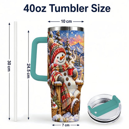 #pl[40oz|Green] Snowman Cabin 40oz Tumbler with Handle, Winter Mountain Art