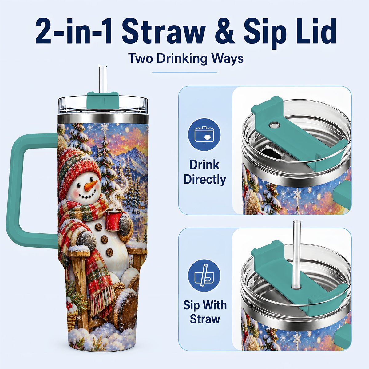 #pl[40oz|Green] Snowman Cabin 40oz Tumbler with Handle, Winter Mountain Art