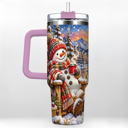 #pl[40oz|Pink] Snowman Cabin 40oz Tumbler with Handle, Winter Mountain Art