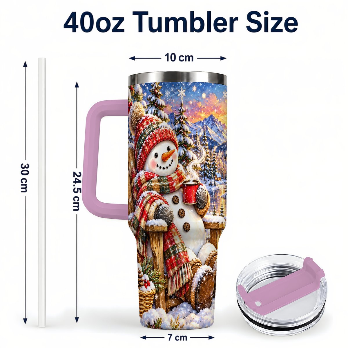 #pl[40oz|Pink] Snowman Cabin 40oz Tumbler with Handle, Winter Mountain Art