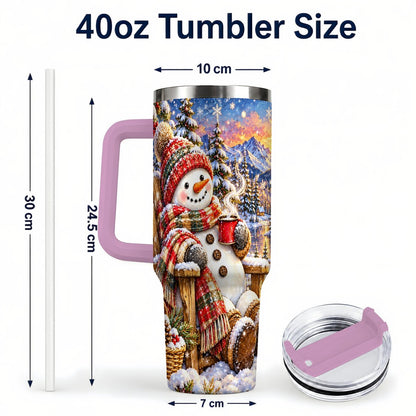 #pl[40oz|Pink] Snowman Cabin 40oz Tumbler with Handle, Winter Mountain Art