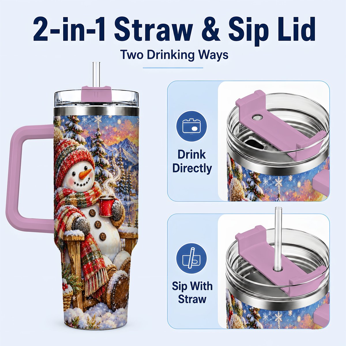 #pl[40oz|Pink] Snowman Cabin 40oz Tumbler with Handle, Winter Mountain Art