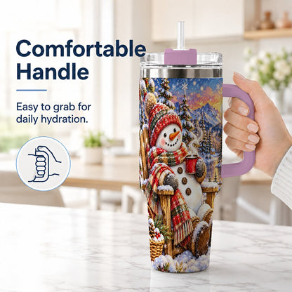 #pl[40oz|Pink] Snowman Cabin 40oz Tumbler with Handle, Winter Mountain Art