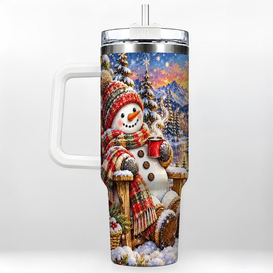 Snowman Cabin 40oz Tumbler with Handle, Winter Mountain Art