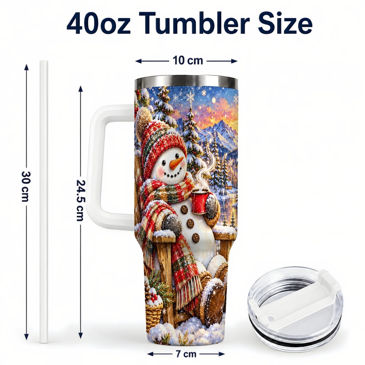 #pl[40oz|White] Snowman Cabin 40oz Tumbler with Handle, Winter Mountain Art