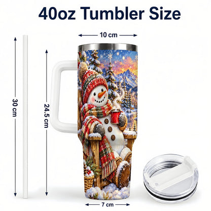 #pl[40oz|White] Snowman Cabin 40oz Tumbler with Handle, Winter Mountain Art