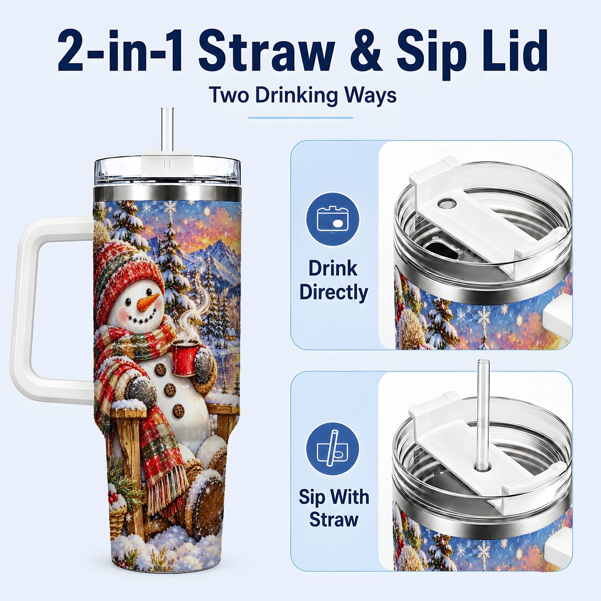 #pl[40oz|White] Snowman Cabin 40oz Tumbler with Handle, Winter Mountain Art