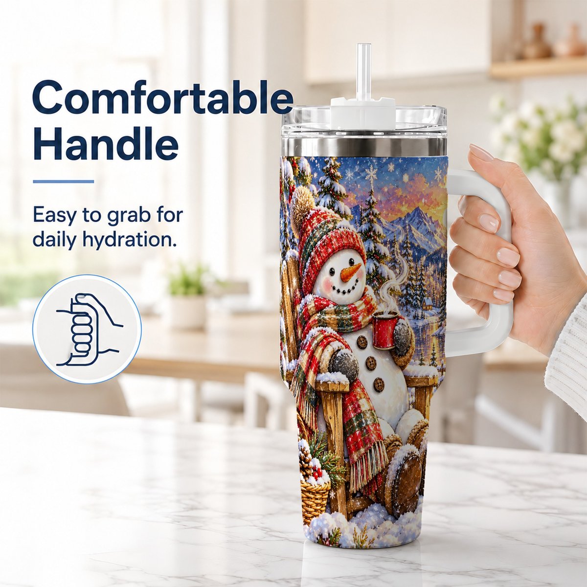 #pl[40oz|White] Snowman Cabin 40oz Tumbler with Handle, Winter Mountain Art