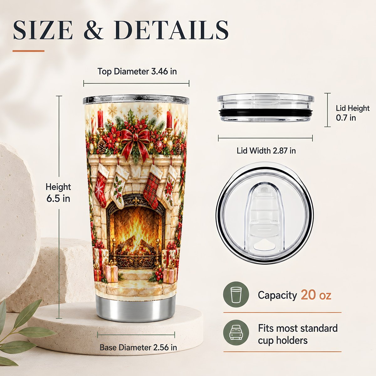 #pl[20oz|Steel] Christmas Fireplace 20oz Tumbler, Holiday Travel Cup for Women