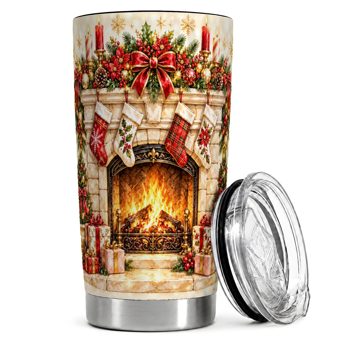 Christmas Fireplace 20oz Tumbler, Holiday Travel Cup for Women