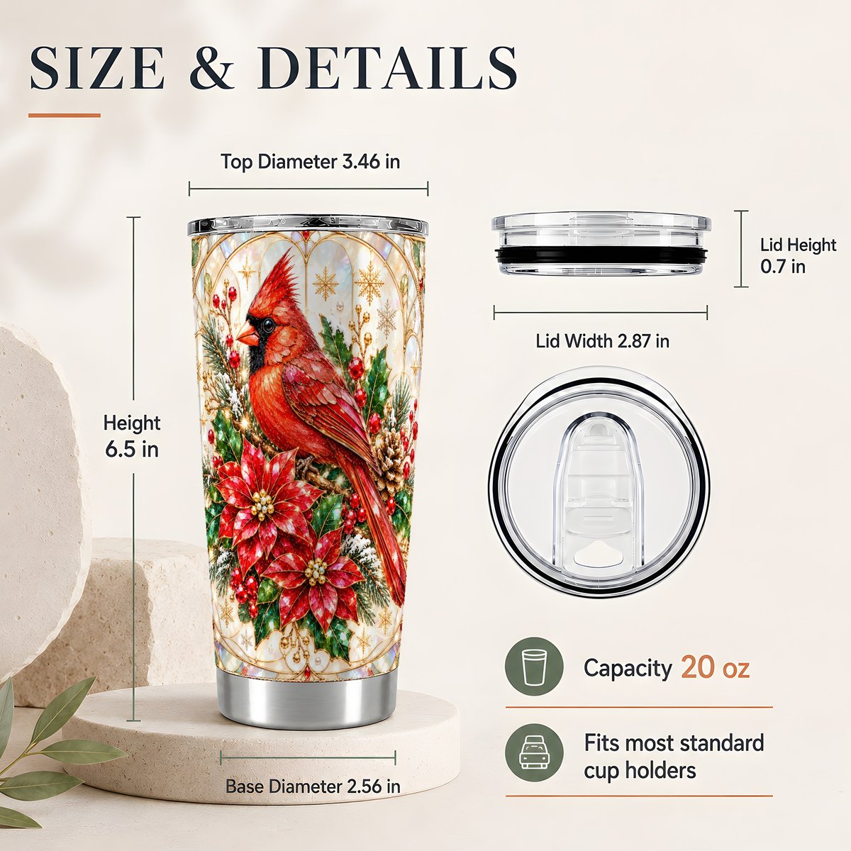 #pl[20oz|Steel] Christmas Cardinal 20oz Tumbler, Winter Travel Cup for Bird Lovers