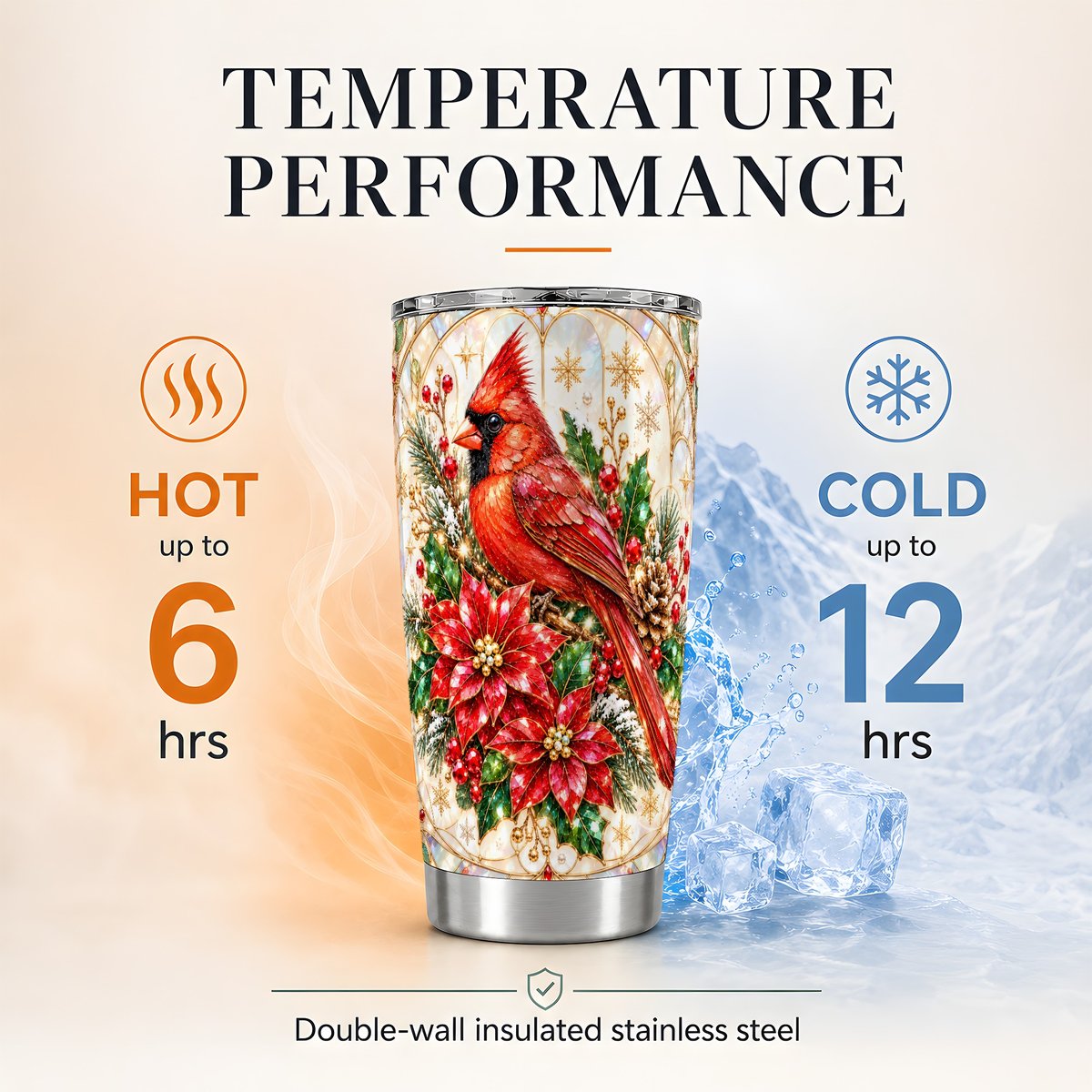 Christmas Cardinal 20oz Tumbler, Winter Travel Cup for Bird Lovers