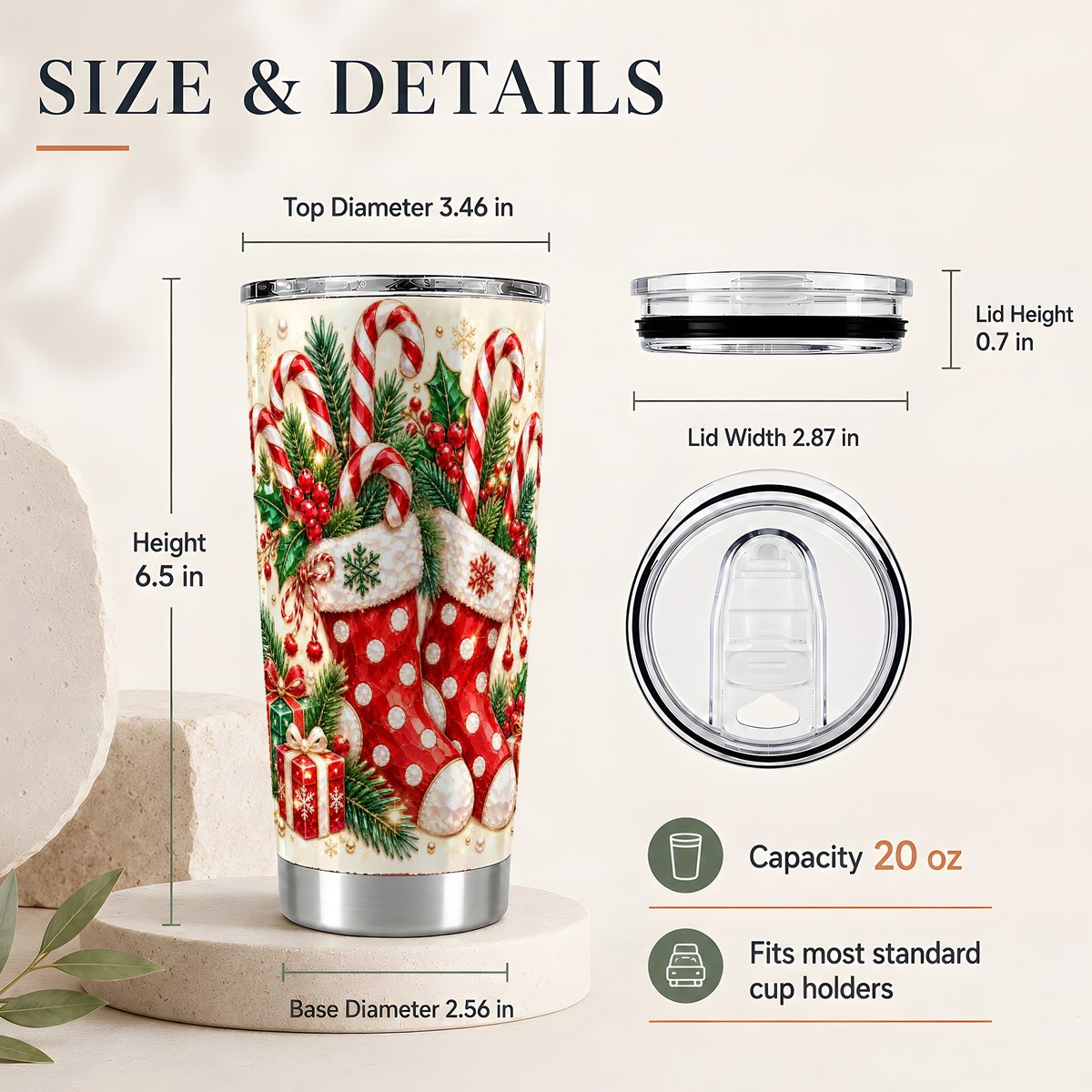#pl[20oz|Steel] Christmas Stockings 20oz Tumbler, Candy Cane Travel Cup for Women