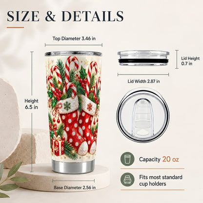 #pl[20oz|Steel] Christmas Stockings 20oz Tumbler, Candy Cane Travel Cup for Women