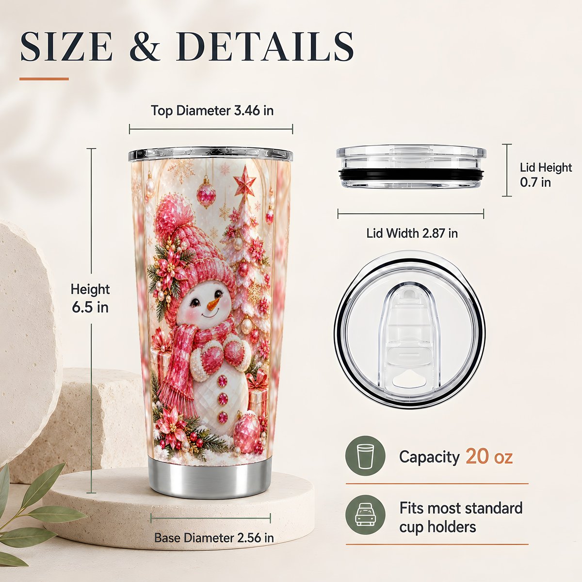 #pl[20oz|Steel] Pink Christmas Snowman 20oz Tumbler, Winter Travel Cup for Women