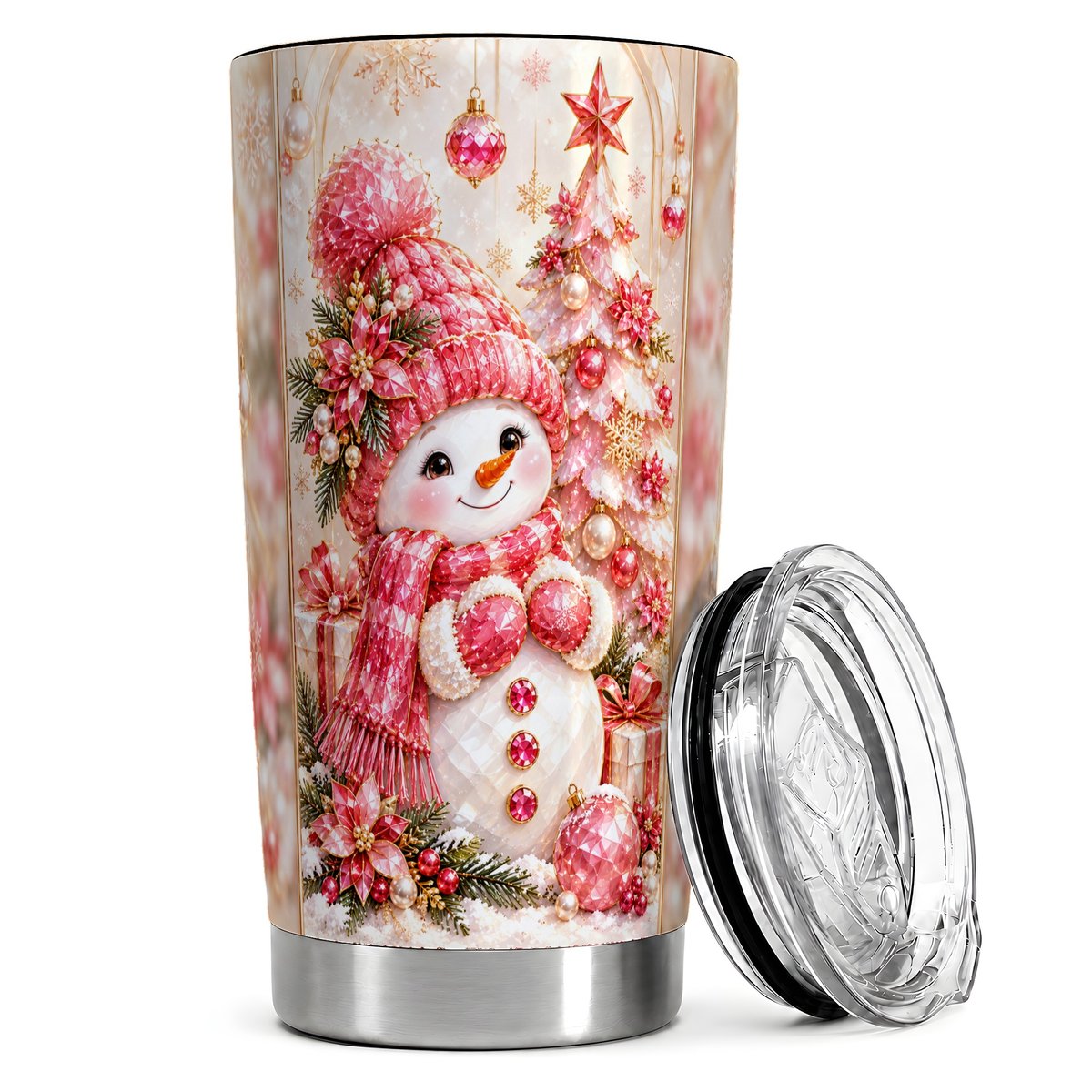 Pink Christmas Snowman 20oz Tumbler, Winter Travel Cup for Women