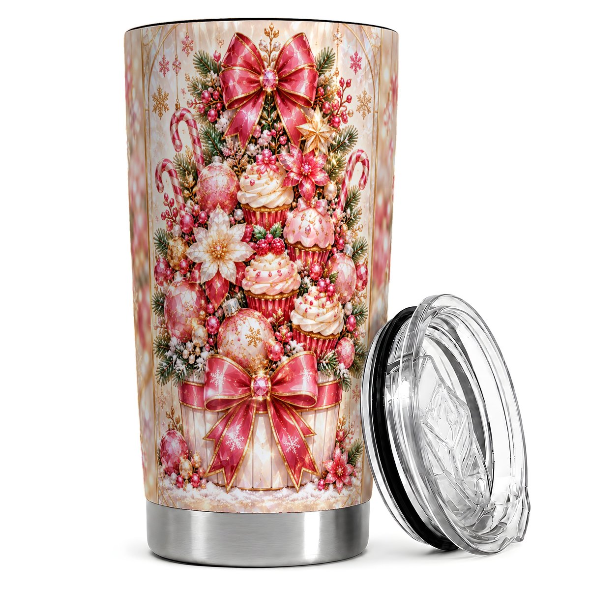 Pink Christmas 20oz Tumbler, Cupcake Holiday Travel Cup for Women