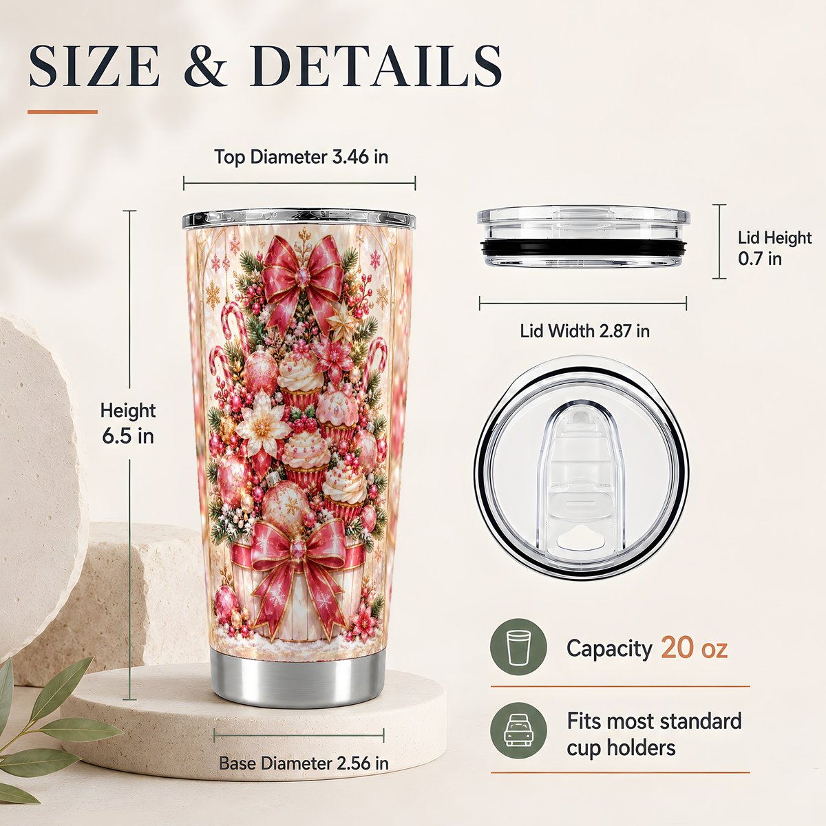#pl[20oz|Steel] Pink Christmas 20oz Tumbler, Cupcake Holiday Travel Cup for Women