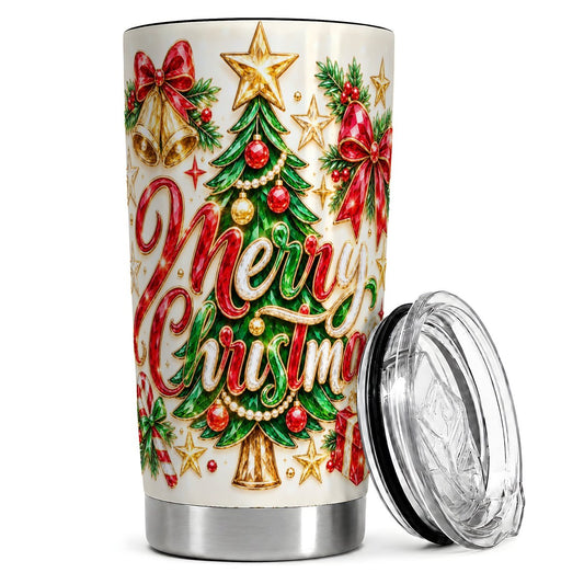 Merry Christmas 20oz Tumbler, Jeweled Holiday Tree Travel Cup