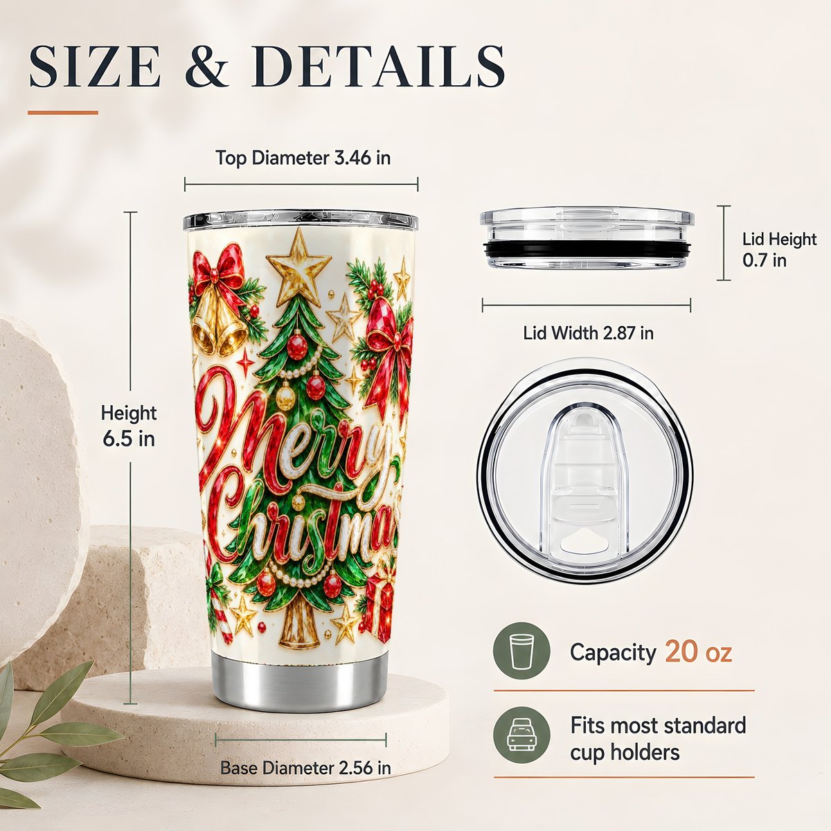 #pl[20oz|Steel] Merry Christmas 20oz Tumbler, Jeweled Holiday Tree Travel Cup