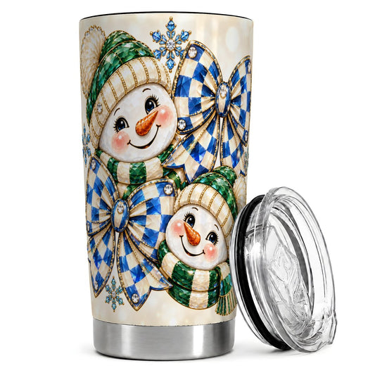 Cute Snowman Duo 20oz Tumbler, Blue Plaid Winter Travel Cup