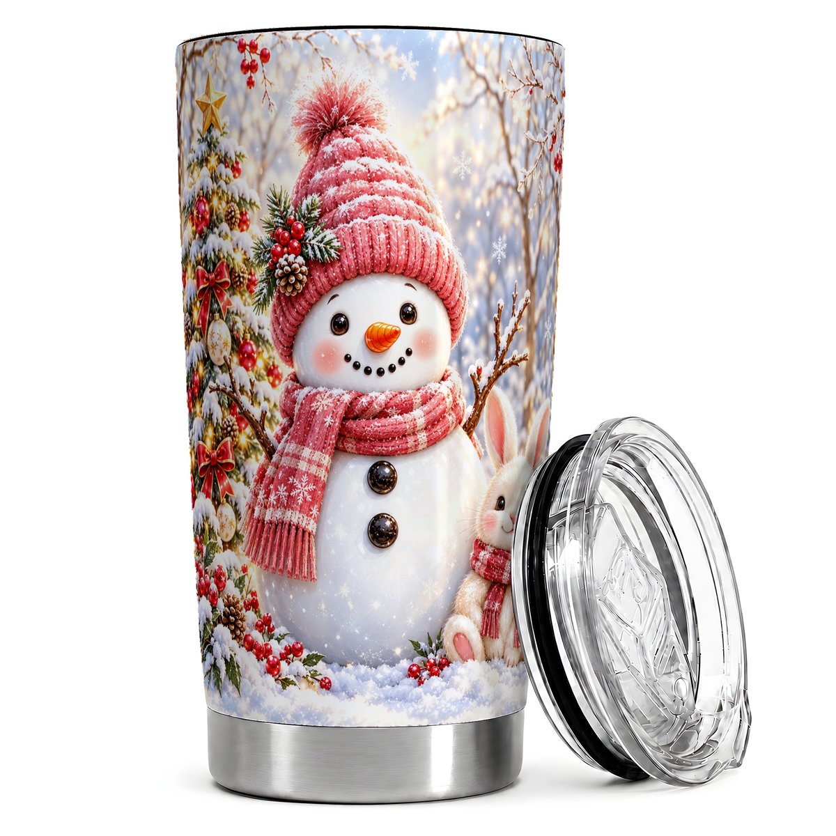 Snowman and Bunny 20oz Tumbler, Cozy Christmas Travel Cup