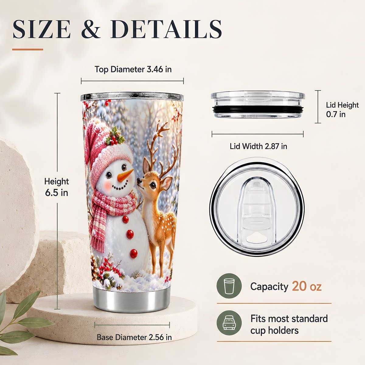#pl[20oz|Steel] Snowman and Fawn 20oz Tumbler, Woodland Christmas Travel Cup