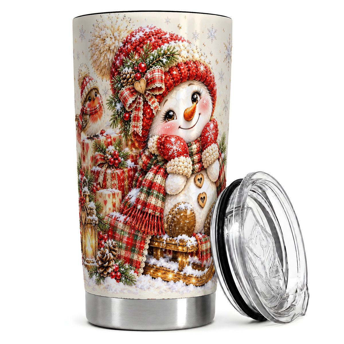 Snowman on Sled 20oz Tumbler, Christmas Travel Cup for Winter Fans