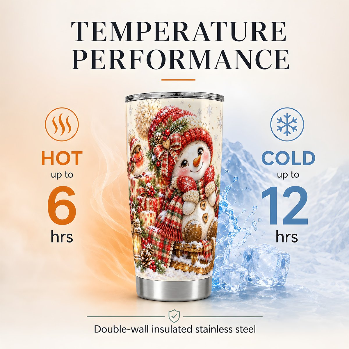 Snowman on Sled 20oz Tumbler, Christmas Travel Cup for Winter Fans