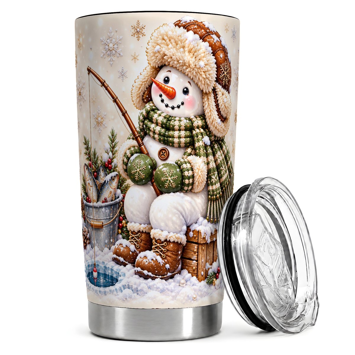 Ice Fishing Snowman 20oz Tumbler, Winter Travel Cup for Anglers