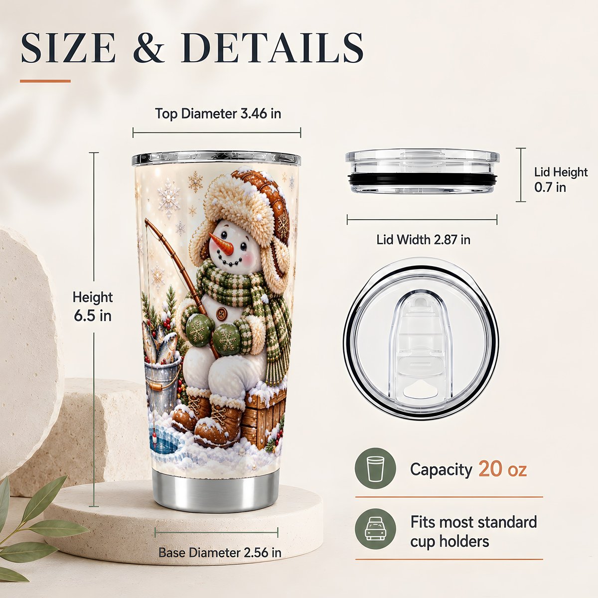 #pl[20oz|Steel] Ice Fishing Snowman 20oz Tumbler, Winter Travel Cup for Anglers