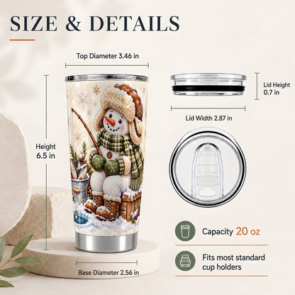 #pl[20oz|Steel] Ice Fishing Snowman 20oz Tumbler, Winter Travel Cup for Anglers