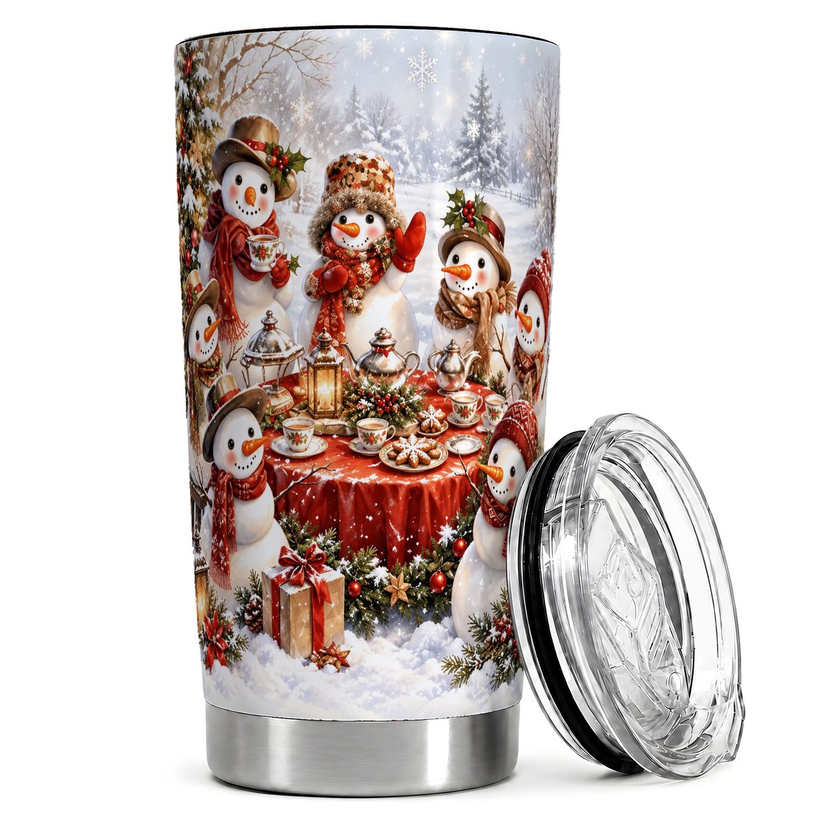 Snowman Tea Party 20oz Tumbler, Christmas Travel Cup for Tea Lovers