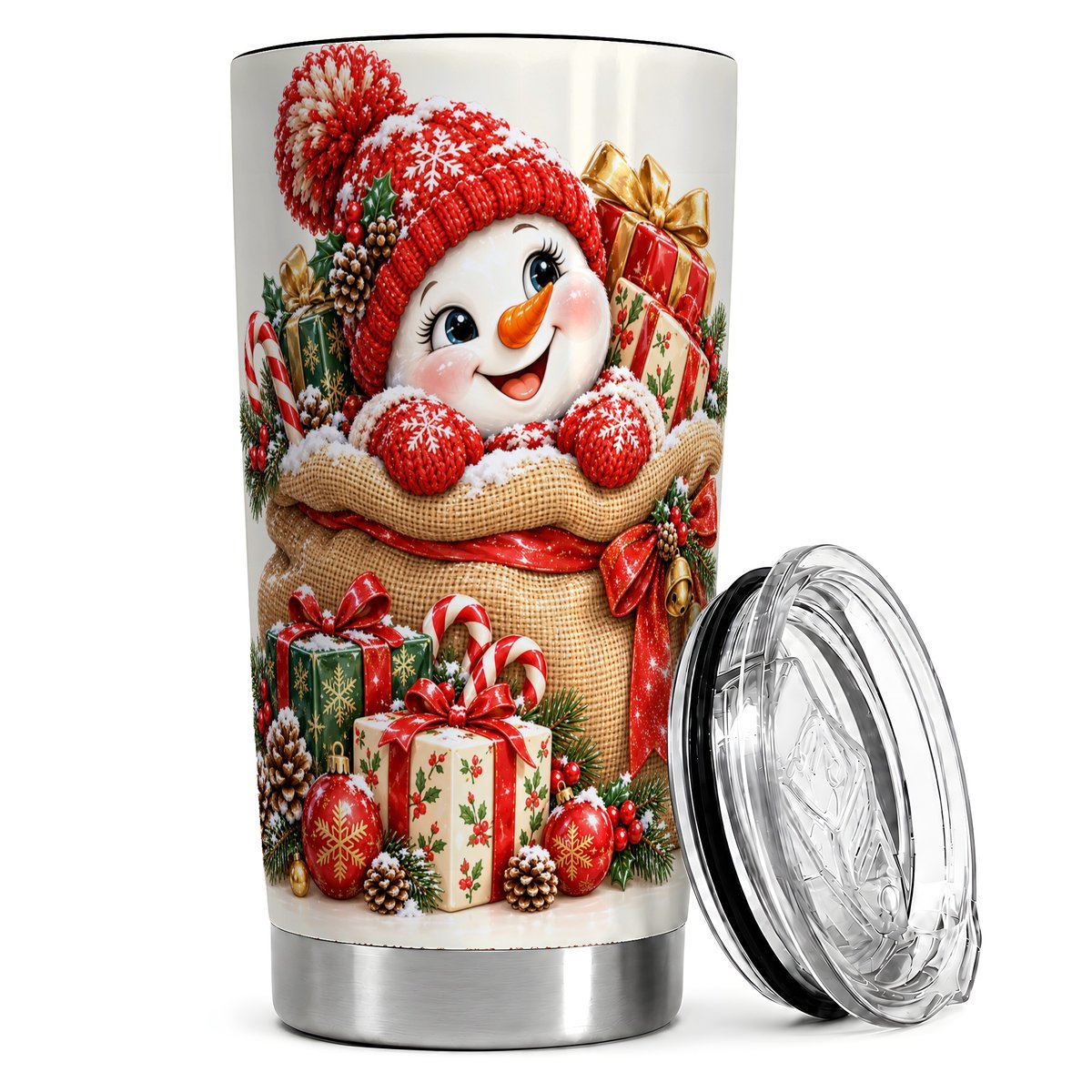 Snowman Christmas Sack 20oz Tumbler, Holiday Travel Cup for Women