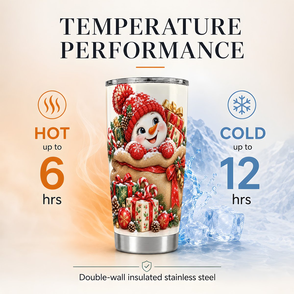 Snowman Christmas Sack 20oz Tumbler, Holiday Travel Cup for Women