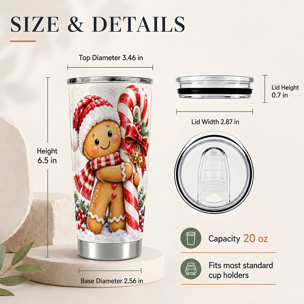 #pl[20oz|Steel] Gingerbread Candy Cane 20oz Tumbler, Christmas Travel Cup, Sweet Cheer
