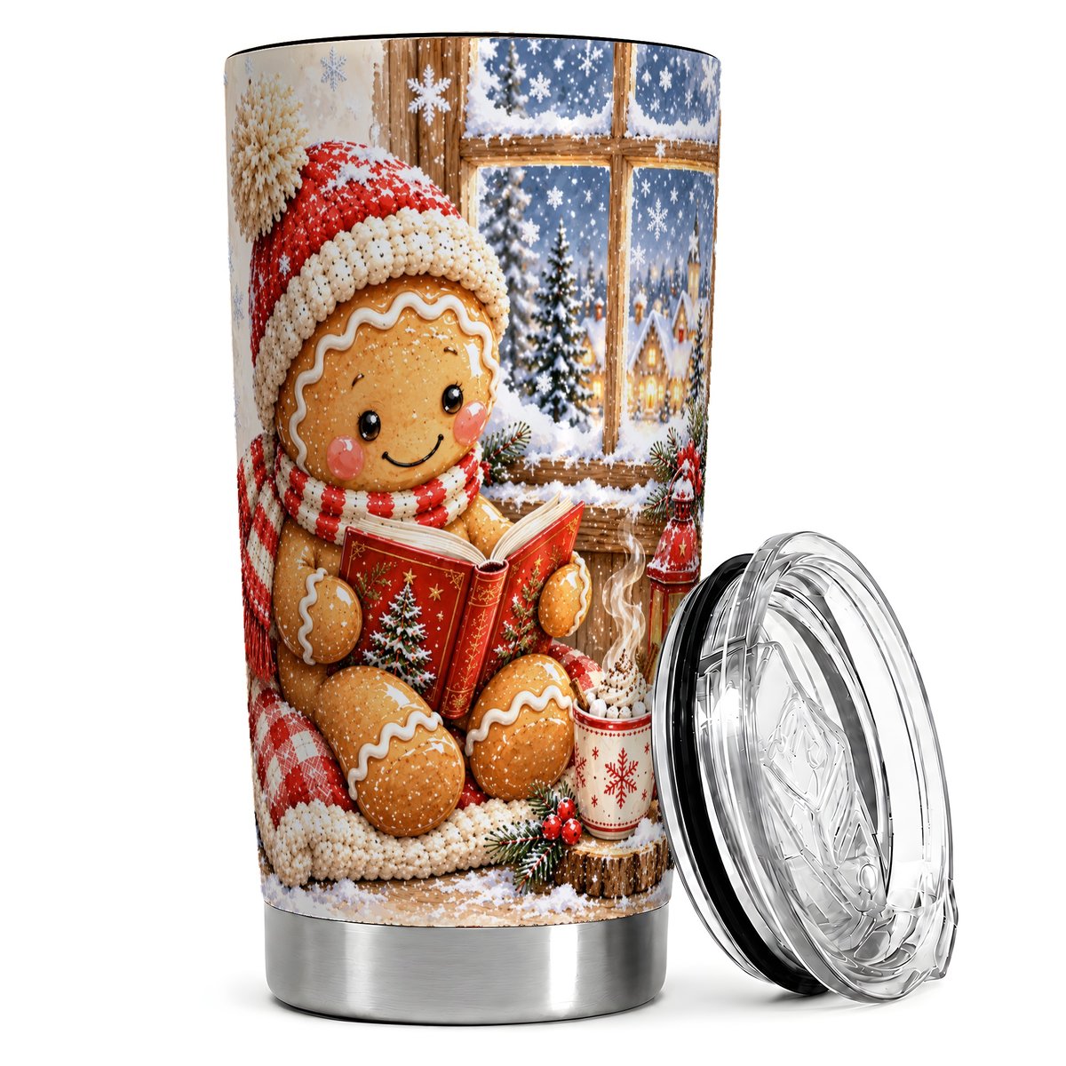 Reading Gingerbread 20oz Tumbler, Christmas Travel Cup, Book Lover