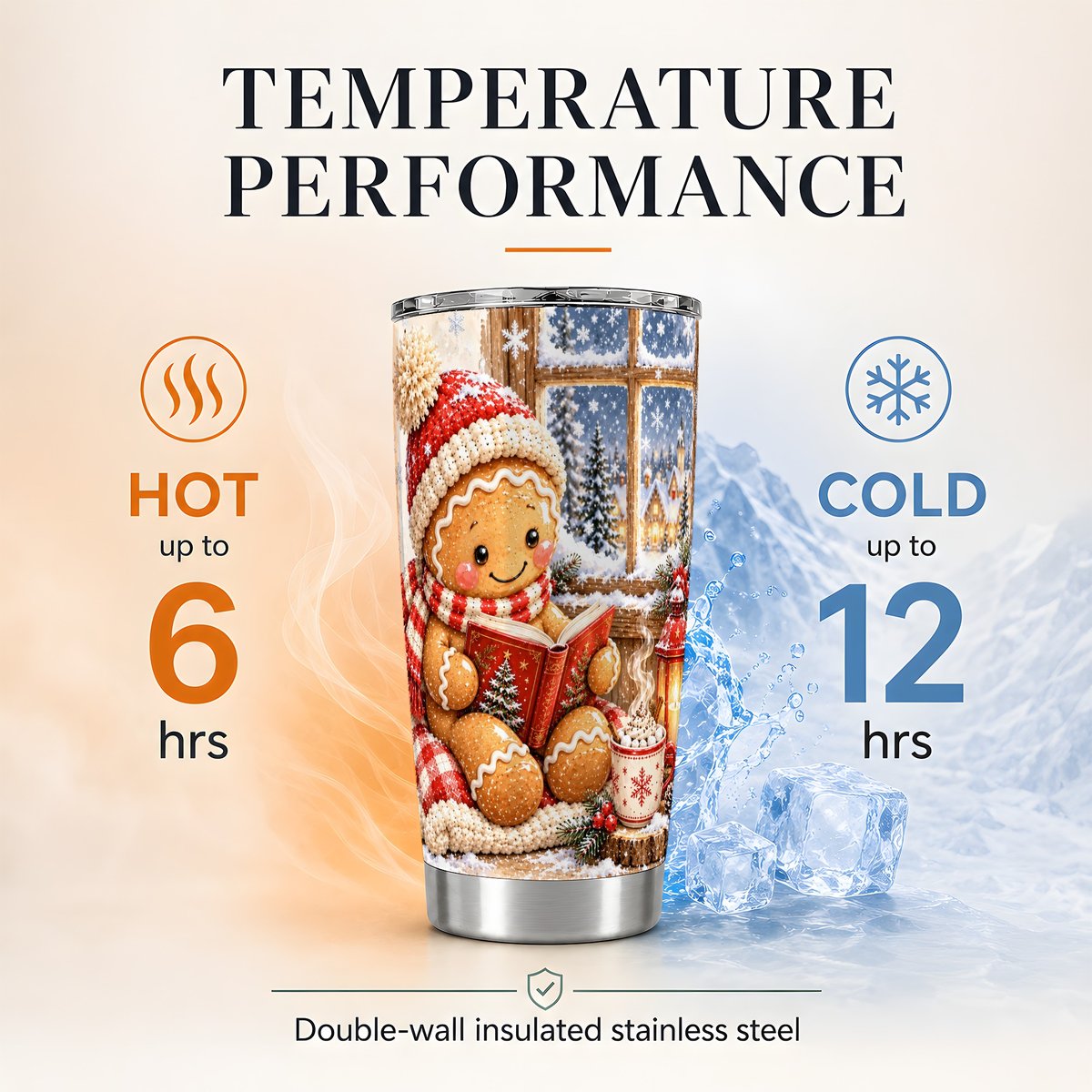 Reading Gingerbread 20oz Tumbler, Christmas Travel Cup, Book Lover
