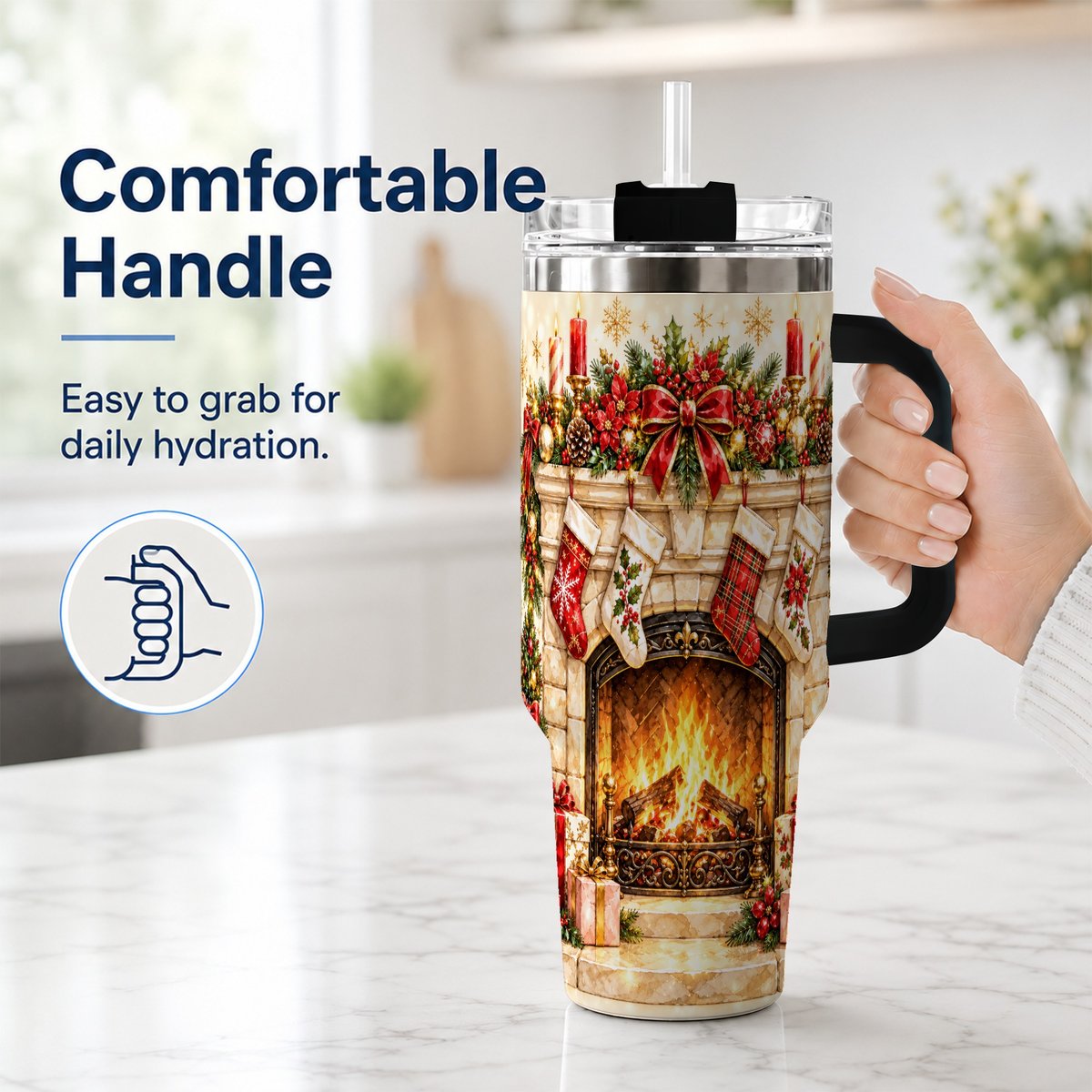 #pl[40oz|Black] Christmas Fireplace 40oz Tumbler with Handle, Holiday Travel Cup