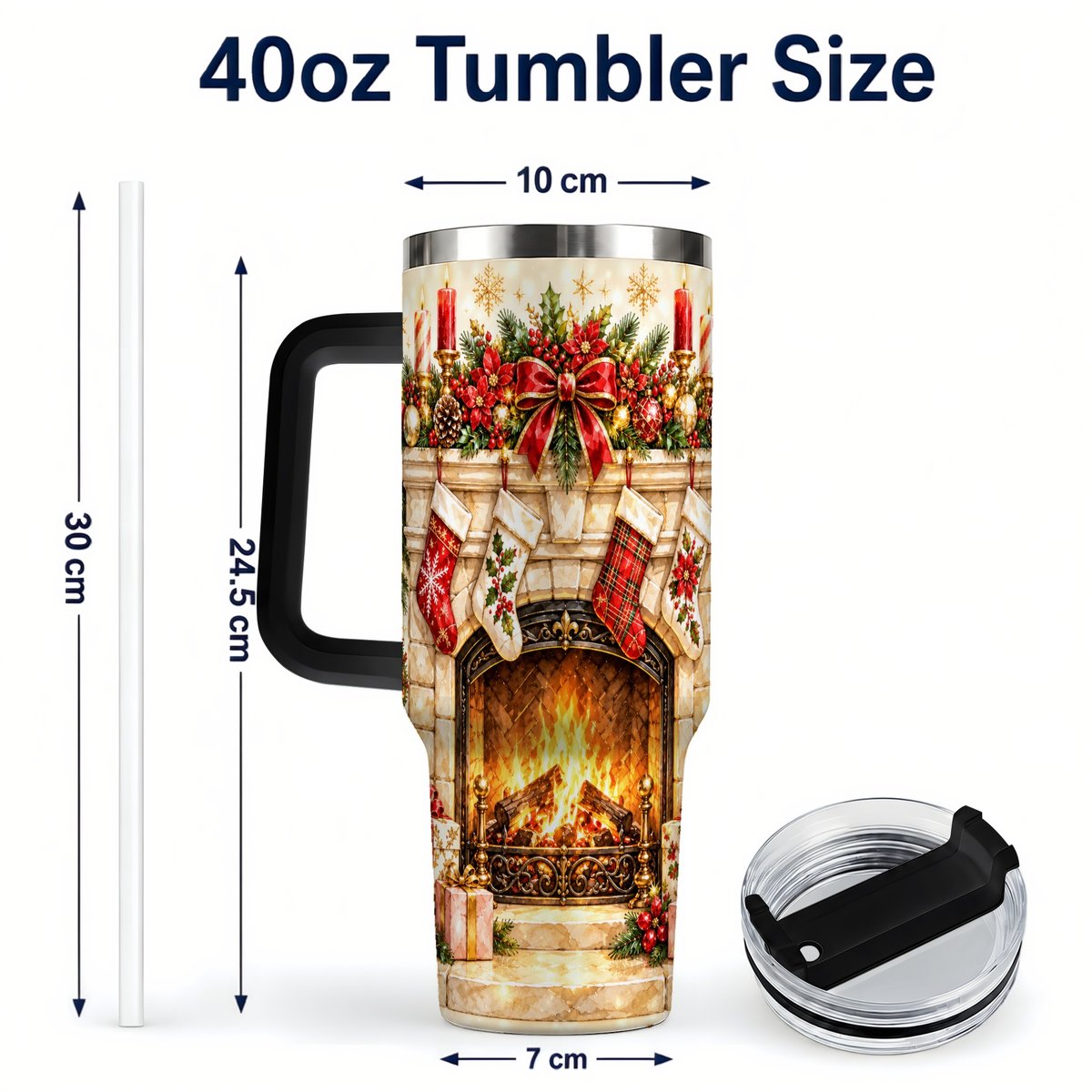 #pl[40oz|Black] Christmas Fireplace 40oz Tumbler with Handle, Holiday Travel Cup