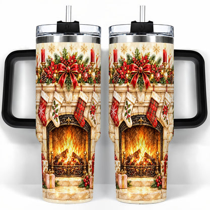 #pl[40oz|Black] Christmas Fireplace 40oz Tumbler with Handle, Holiday Travel Cup
