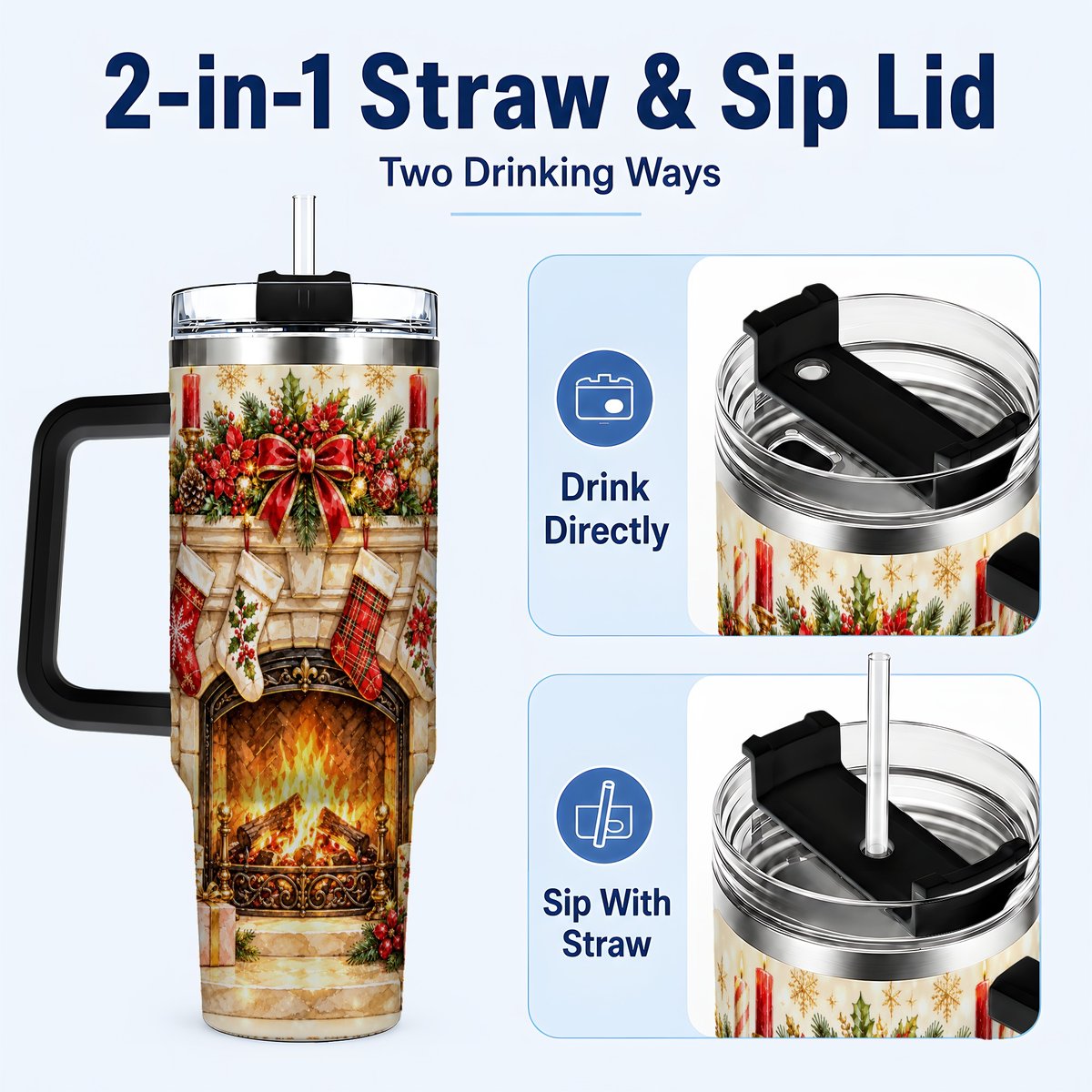 #pl[40oz|Black] Christmas Fireplace 40oz Tumbler with Handle, Holiday Travel Cup