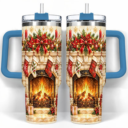 #pl[40oz|Blue] Christmas Fireplace 40oz Tumbler with Handle, Holiday Travel Cup