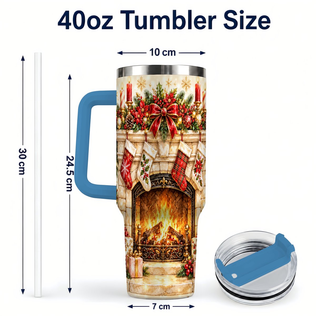 #pl[40oz|Blue] Christmas Fireplace 40oz Tumbler with Handle, Holiday Travel Cup