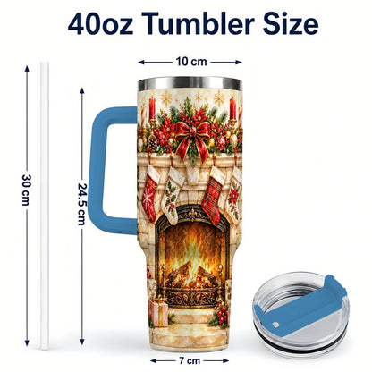 #pl[40oz|Blue] Christmas Fireplace 40oz Tumbler with Handle, Holiday Travel Cup