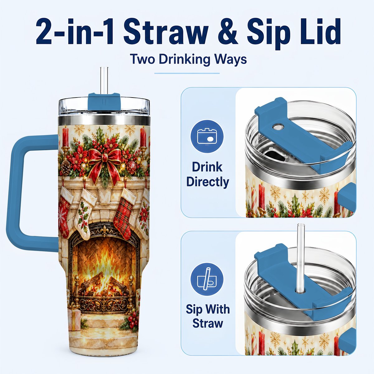 #pl[40oz|Blue] Christmas Fireplace 40oz Tumbler with Handle, Holiday Travel Cup