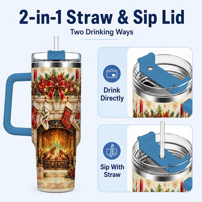 #pl[40oz|Blue] Christmas Fireplace 40oz Tumbler with Handle, Holiday Travel Cup