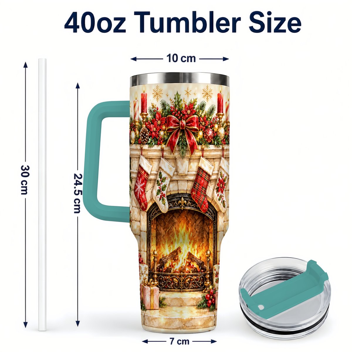 #pl[40oz|Green] Christmas Fireplace 40oz Tumbler with Handle, Holiday Travel Cup