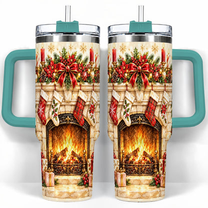#pl[40oz|Green] Christmas Fireplace 40oz Tumbler with Handle, Holiday Travel Cup