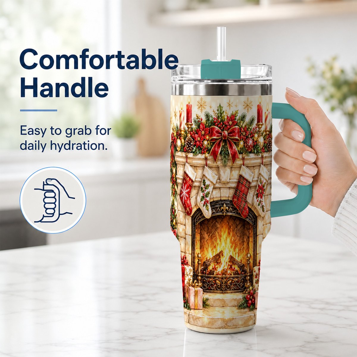 #pl[40oz|Green] Christmas Fireplace 40oz Tumbler with Handle, Holiday Travel Cup